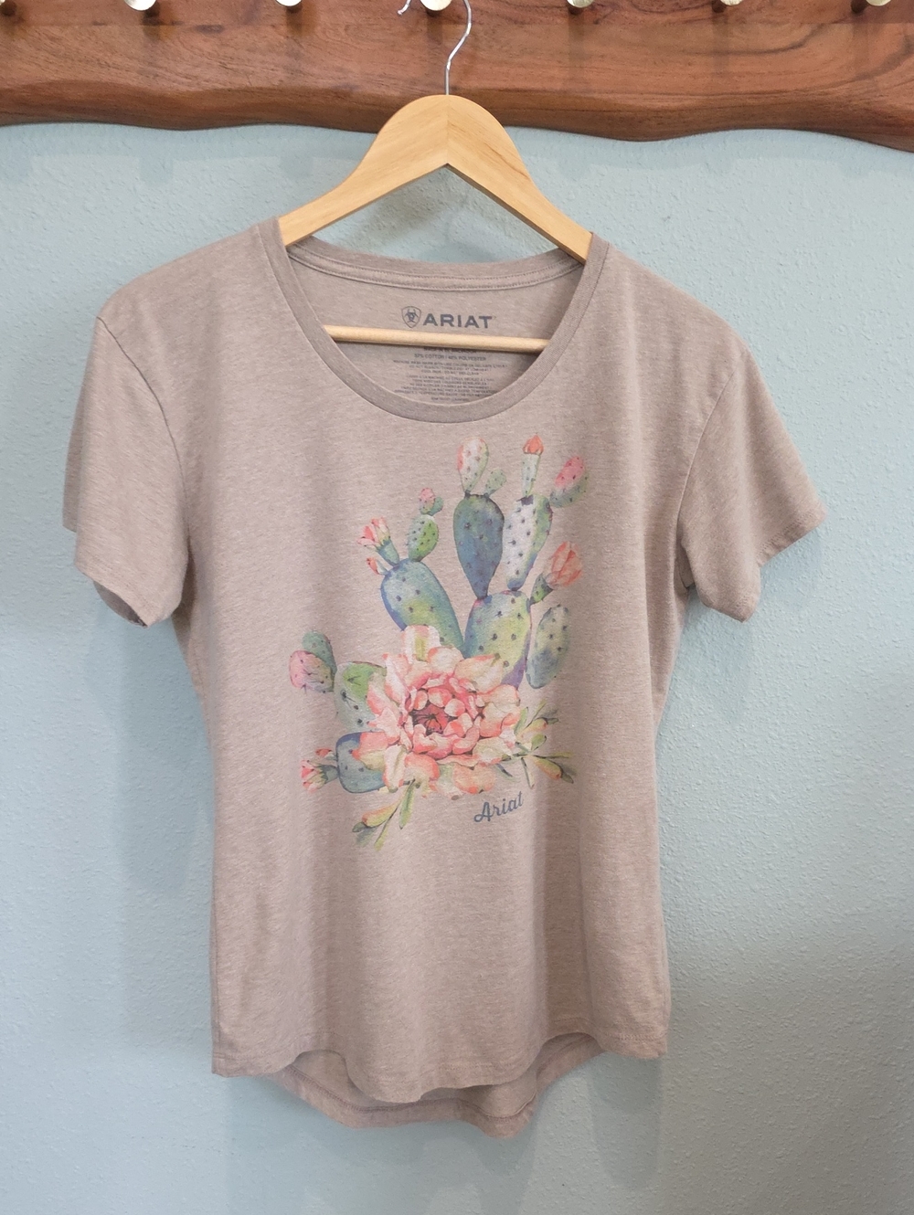 Ariat Light Beige Tee with Watercolor Cactus & Pink Floral Graphic